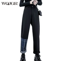 wqjgr winter spliced plaid pants women fashion streetwear black trousers women straight