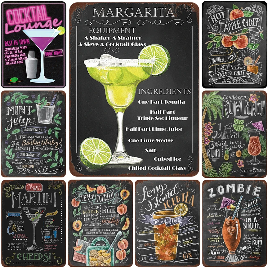 Коктейльная lounge Margarita Martini металлическая вывеска винтажная жестяная тарелка рисунок на железной поверхности в стиле ретро украшение стены для бар паб кафе