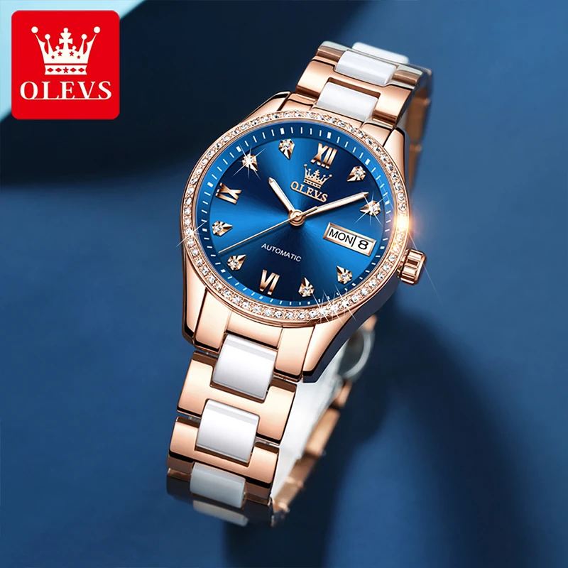 

OLEVS New Fashion Women Casual Fully Automatic Mechanical Diamond Display Luminous Hands Waterproof Ceramic Strap Watches 6637