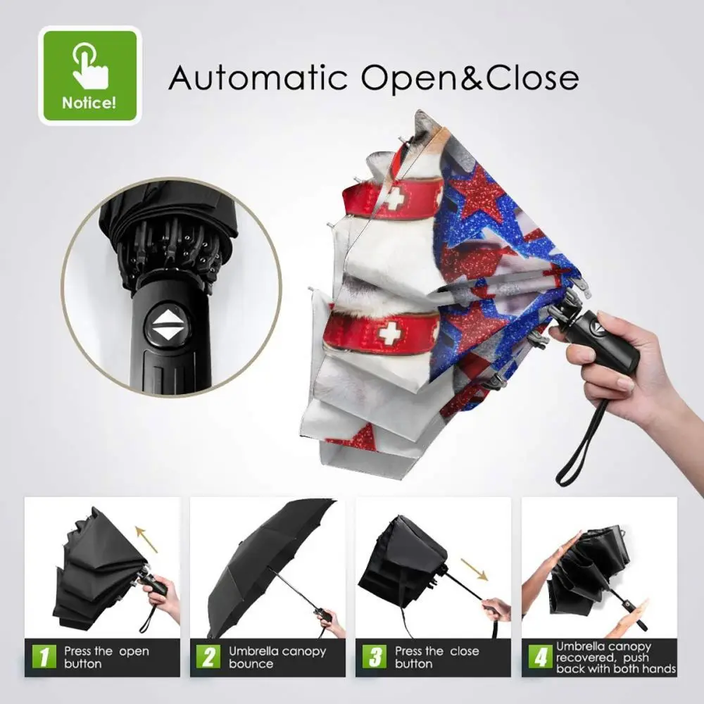 Comprare Ombrello Automatico Pioggia A Tre Pieghe Jack Russell Dog Il Giorno Dell'indipendenza 4 Luglio USA Stars Parasole Impermeabile Antivento
