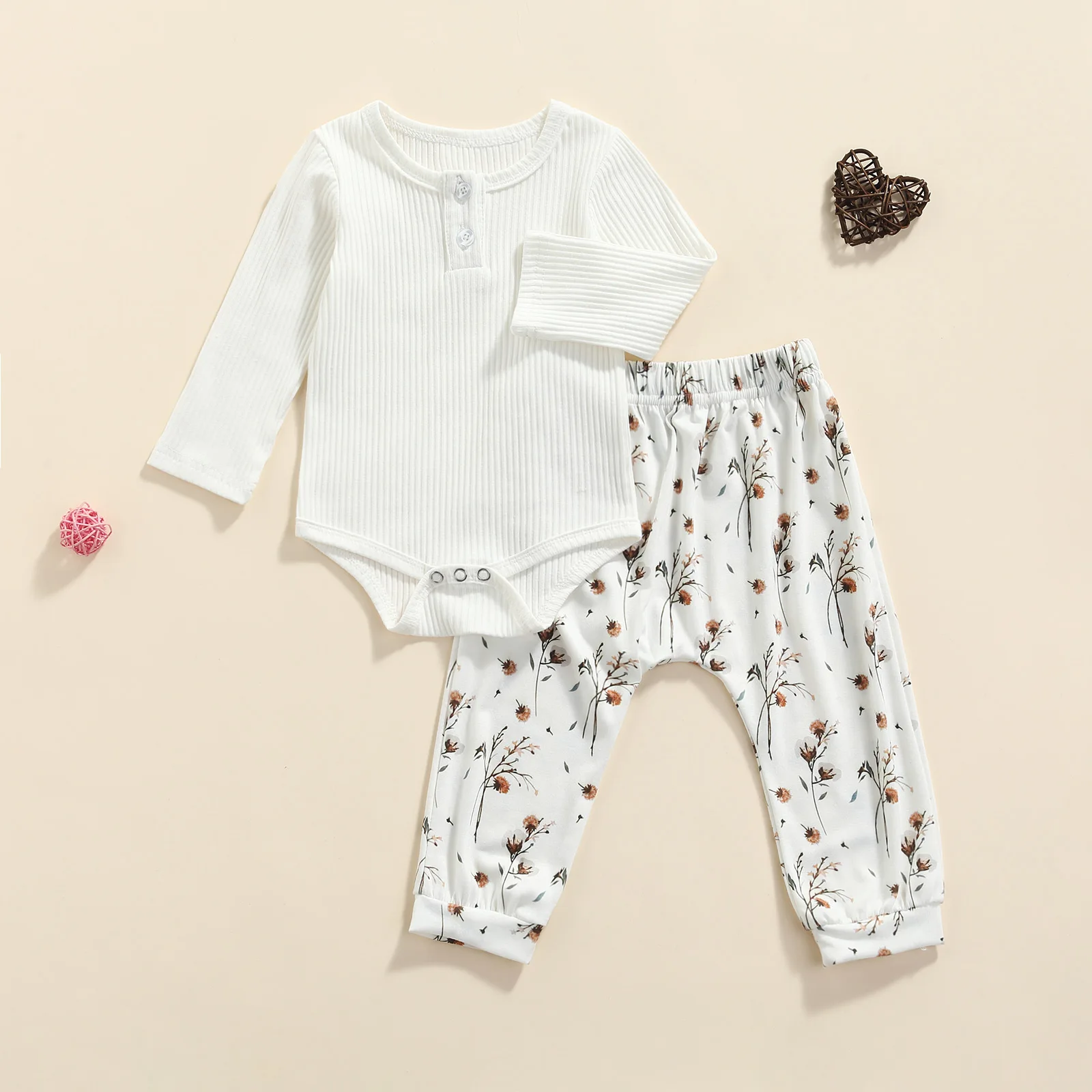 

2Pcs Baby's Sets Solid Color Long Sleeves Rib Knit Jumpsuit Printed Elastic Waist Trousers Toddler Girls Boys Spring Autumn