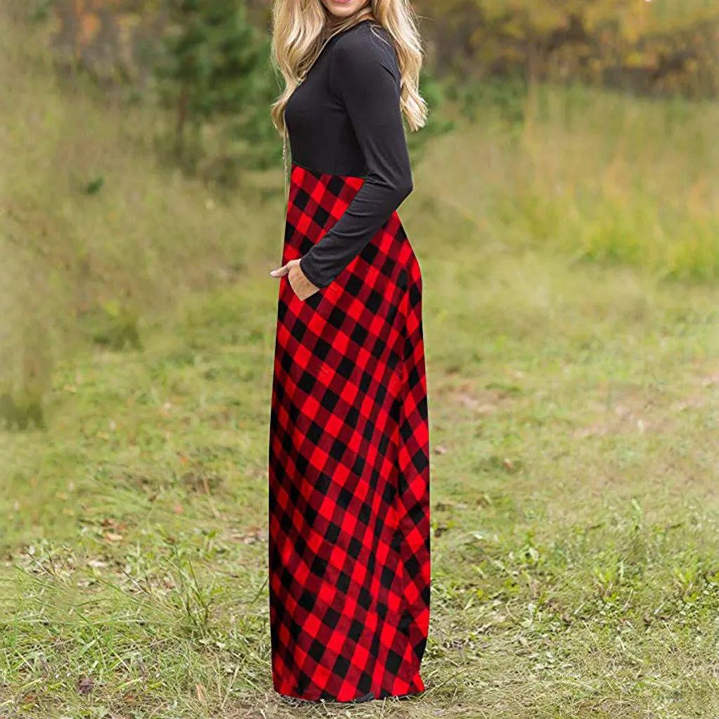 #Z40 Spring Autumn Red Plaid Maxi Dress Women Elegant Lady Blouse Long Party Sleeve Vestidos De Fiesta Noche | Женская одежда