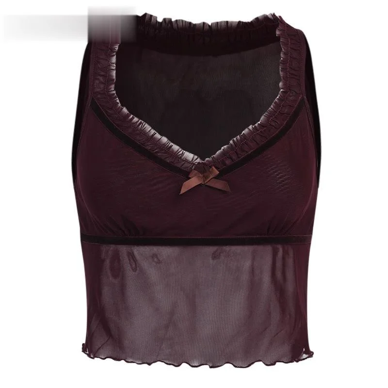

Bodycon Gothic Summer Women Tank Top Lace Y2k Sexy Sleeveless Pleated Patchwork Camis Transparant Mesh V-Neck Crop Top Fox Bra #