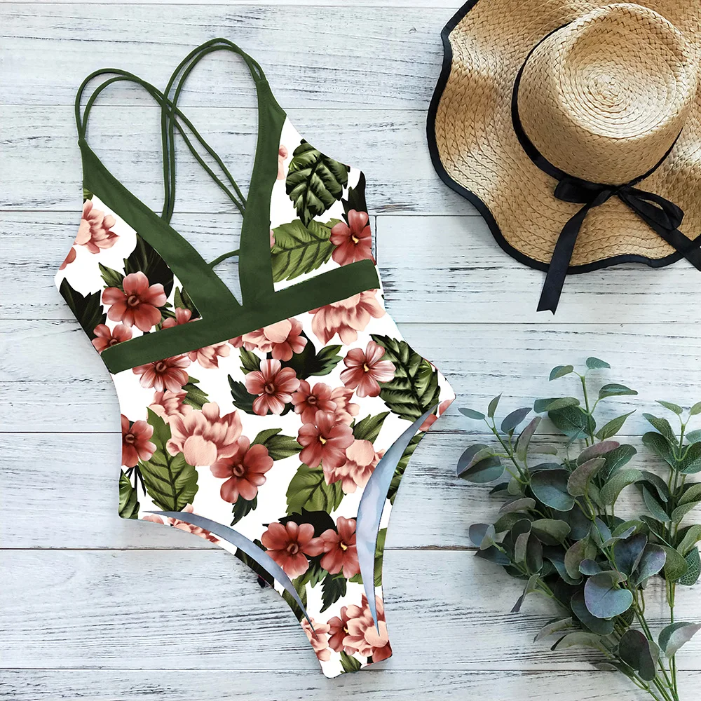 2021 слитный купальник с лямкой на шее женский сексуальный цветочным рисунком