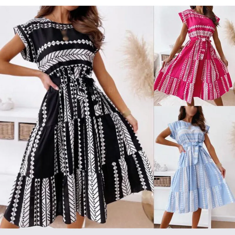 

Women Printed A Line Summer High Waist Round Neck Slim Elegant Loose Dress Ruffle Stitching Ladies Clothing Print Party Dresses