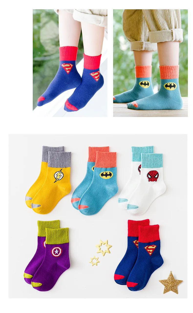 

2020 New 5Pairs Set Multicolor Cartoon Superhero Fall Winter Baby Boy Girl Kids Soft Thicker Cotton Socks