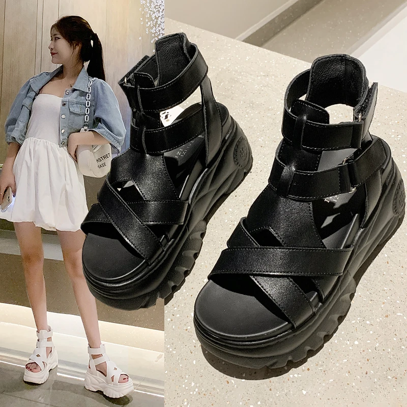 

Women Thick Bottom Gladiator Shoes Woman Summer Chunky Sneakers High Platform Sandals Hollow Out 8CM Wedge Heels Beach Sandalias