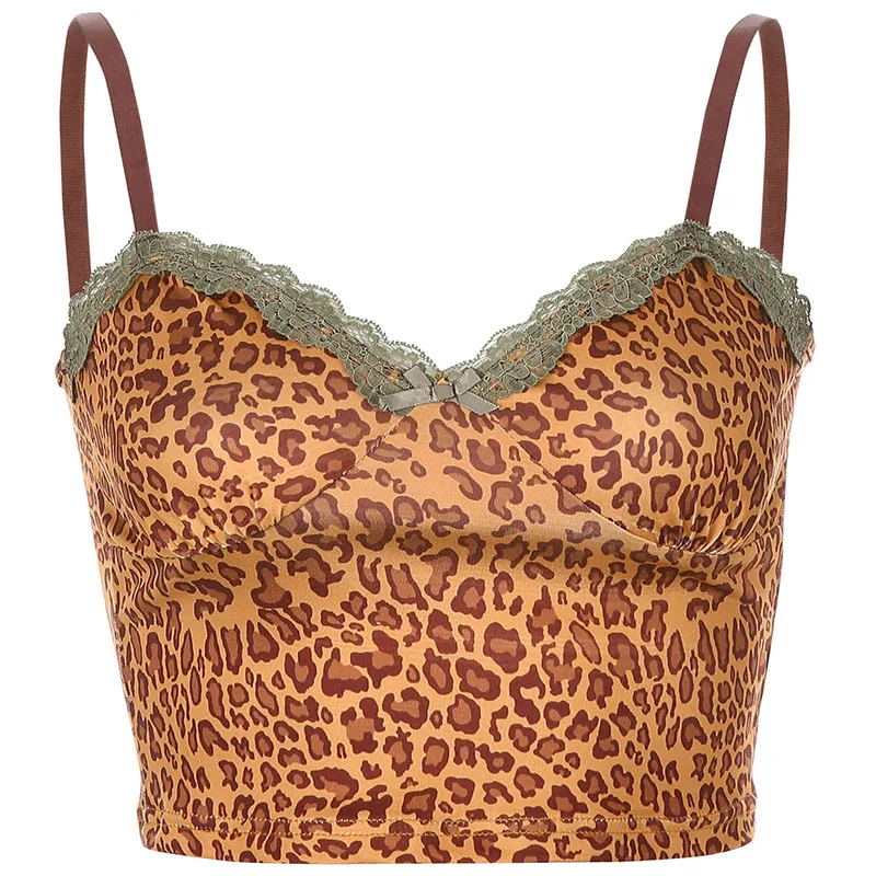 

Lace Edge Leopard Print E Girl Crop Top Women Sleeveless Sexy Y2K Party Clubwear V Neck Rave Summer Top Harajuku Streetwear