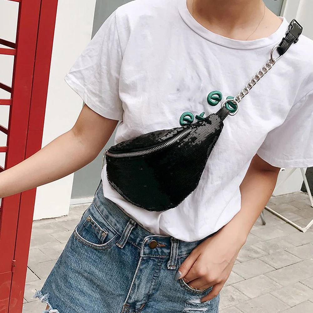 

Women Sequin Fanny Pack Fashion Female Waist Bag 2020 New Chest Pouch Shoulder Bag Glitter Bum Belts Bags Waist Packs