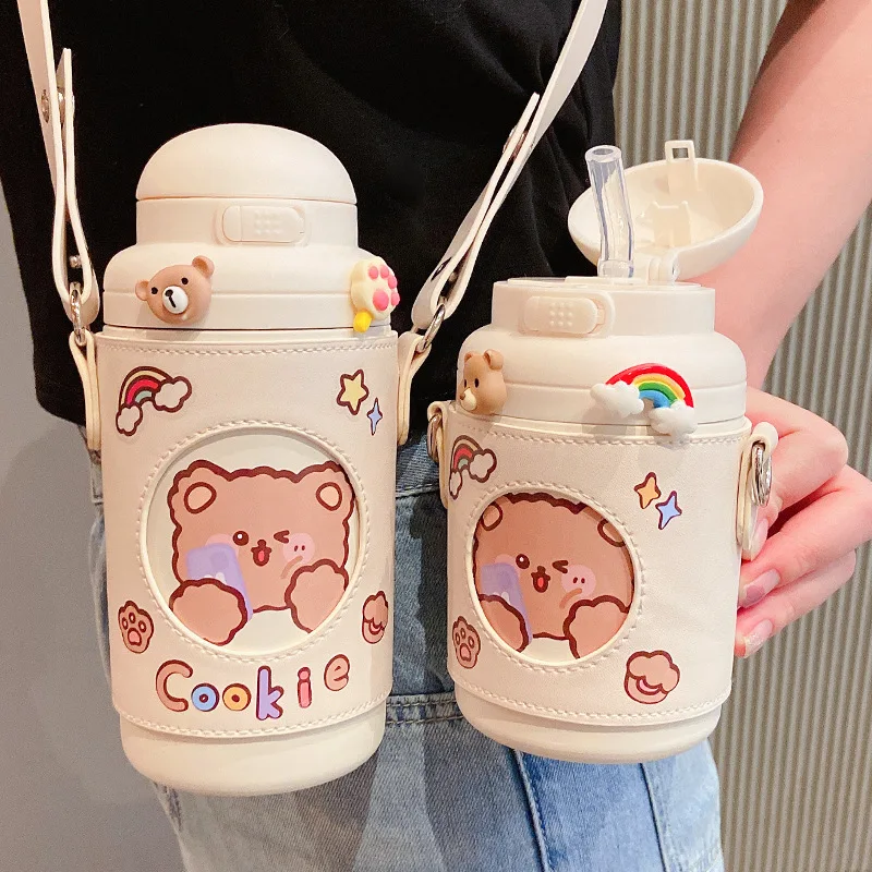 

560ml cute vacuum flask, high-value straw cup, can be cross-carried water cup take-out kettle large capacity