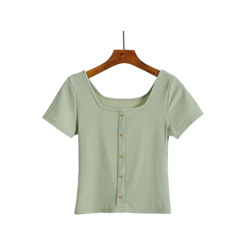 

Summer Women's Clothing 2021 Solid T-shirt For Girls Female Casual Tee Top Square Collar Short Sleeve Shirt Fashion Buttons Tops