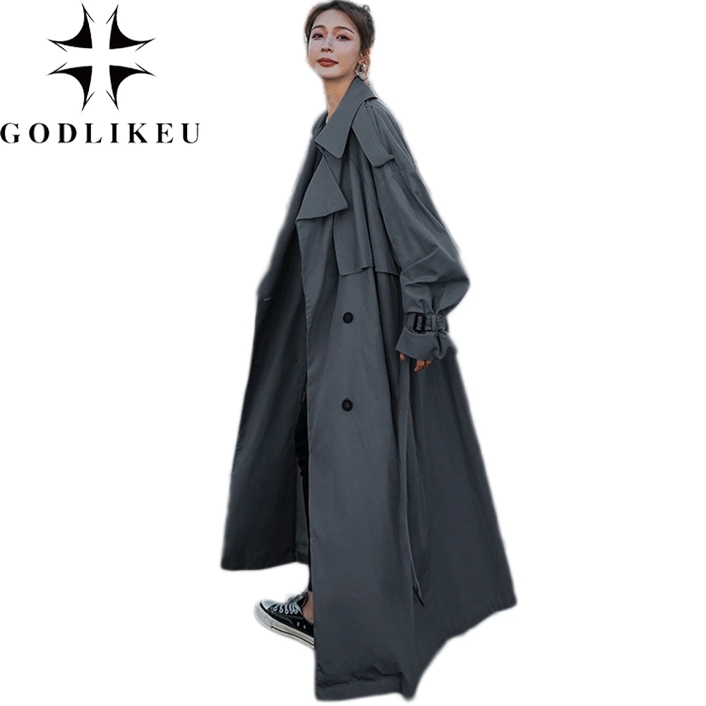 

GODLIKEU Korean Loose Oversized X-Long Womens Trench Coat Double Breasted Belted Ladies Windbreaker Spring Fall Outerwear