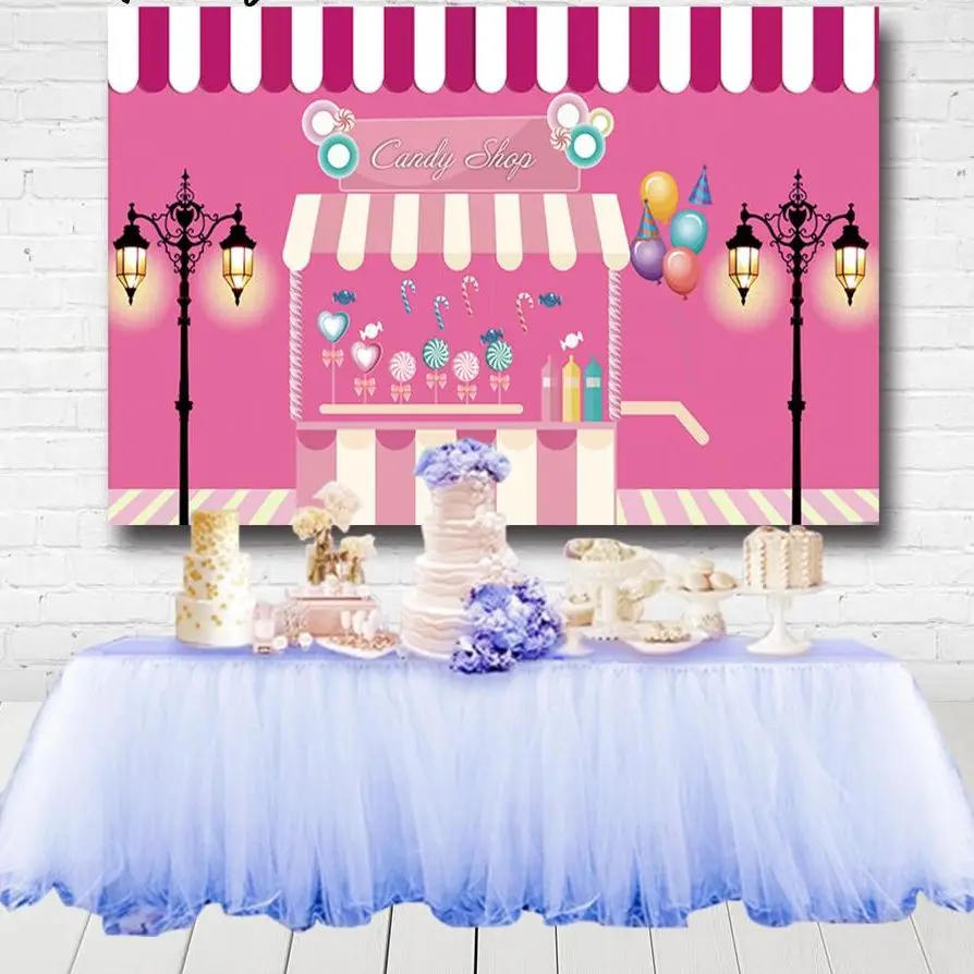 

Магазин конфет, ярко-розовый Виниловый фон для фотосъемки с изображением конфет, бара, уличного освесветильник, празднования дня рождения д...