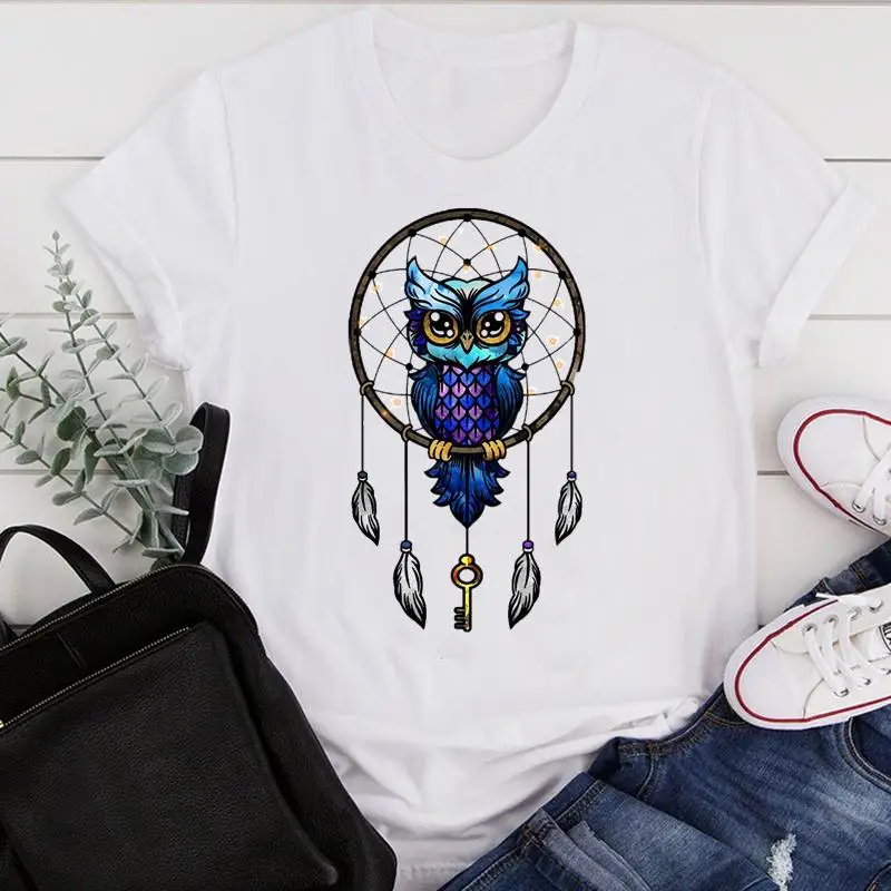 

Women Clothes Cartoon Owl Feather Cute Casual Ladies Summer Print Fashion Tshirt Female Short Sleeve Tee Top Graphic T-shirt