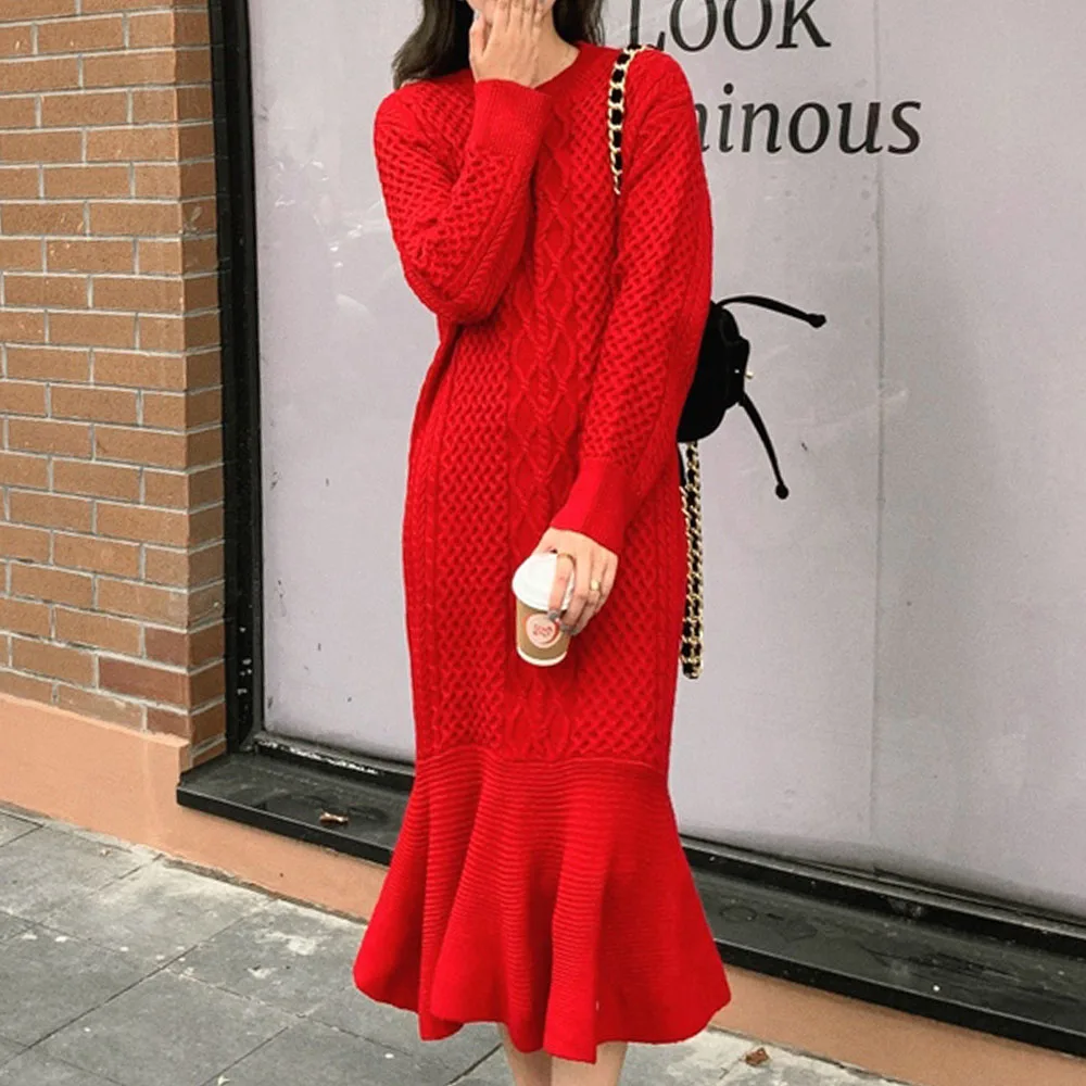 Women Knitted Long Sleeve Sweater Dress Korean Fashion Round Neck Casual Loose Jumper Pullover Young Ladies Mermaid Maxi Dresses