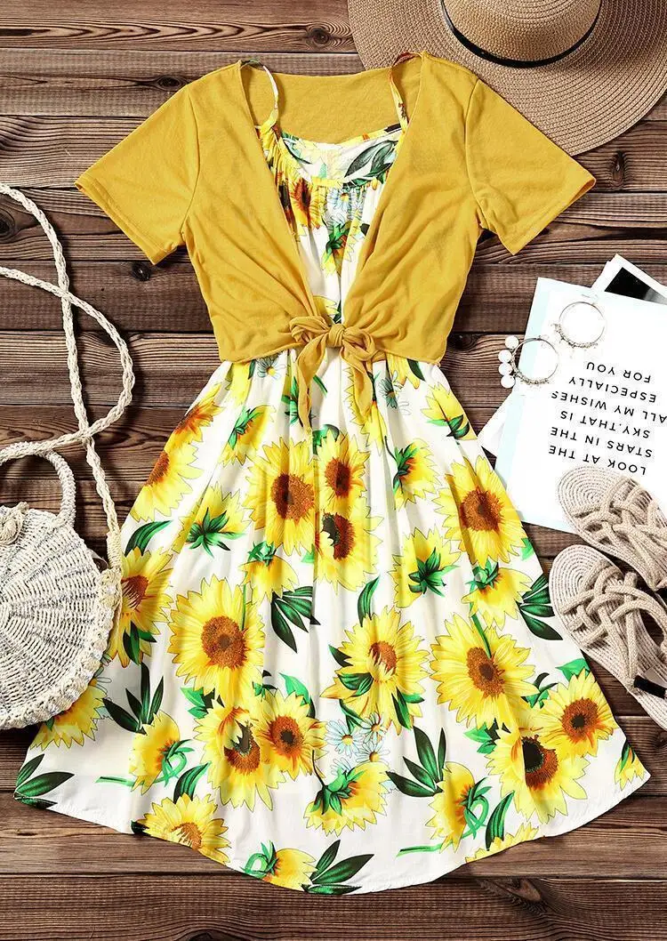 Женское платье с подсолнухом VESSOS Повседневное на бретельках летнее комплект из