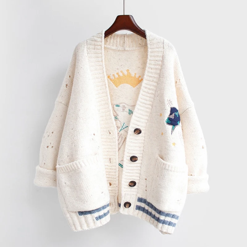 

Cartoon Embroidery Oversize Cardigans Women Harajuku Loose V Neck Sweaters Jacket Female Knitted Cardigan Mujer 2020 Winter Tops