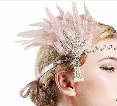 Pink feather 1920s повязка на голову винтажный Свадебный костюм платье в стиле "Великий Гэтсби" аксессуары ручной работы головные уборы с жемчугом свадебное платье невесты украшения - Цвет: Pink feather