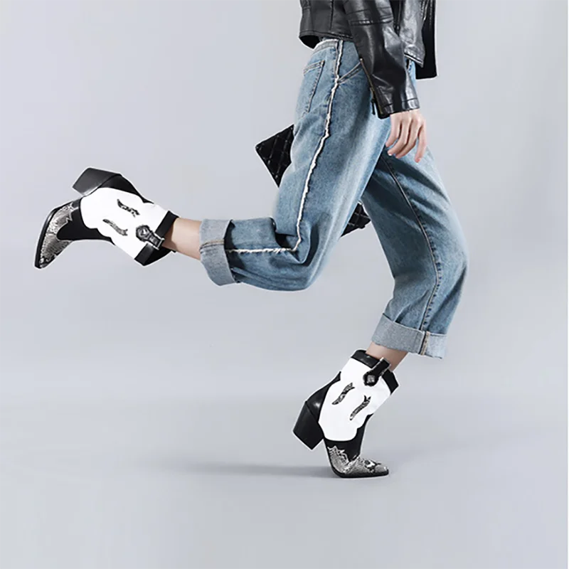 

2020 Hot Sale Popular Design New Female Chunky High Heel Boots Fashion Mixed Colors Female Party Office Pointed Toe Shoes Woman