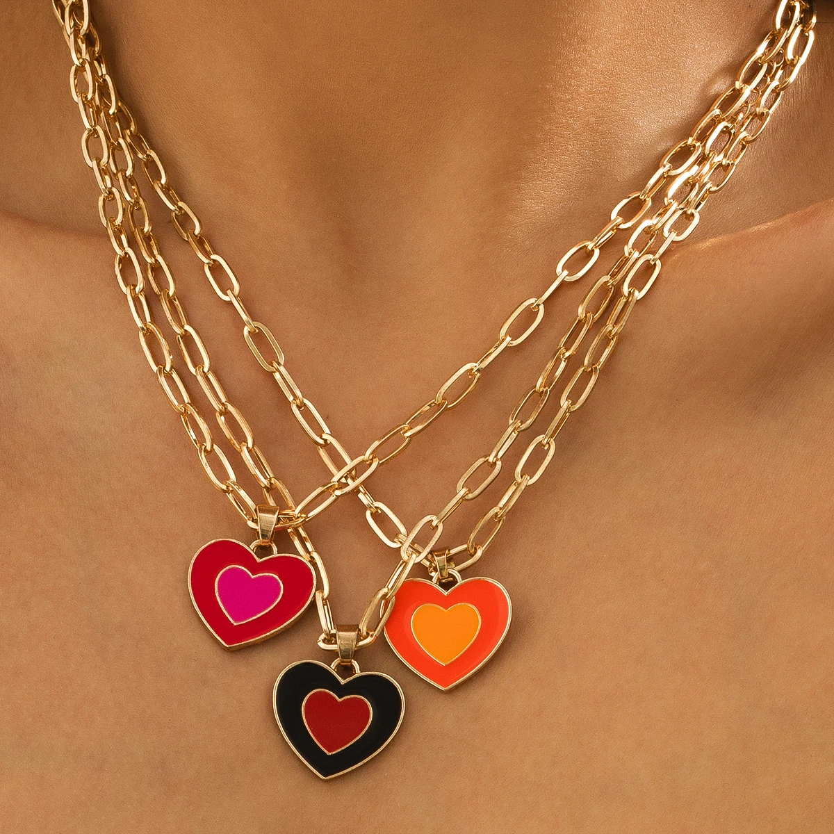 

IngeSight.Z Y2K Colorful Rainbow Double Love Heart Pendant Necklaces for Women Girls Link Chain Collar Necklaces Lovers Jewelry