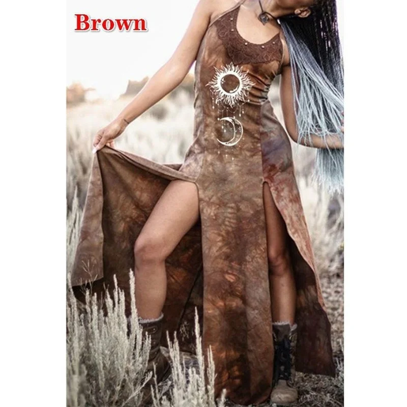

Mandylandy 2021 Medieval Women's Retro Moon Sun Print Ethnic Tribal Blend Craft Cross Strap Adjust Dress Dress Halter Dress