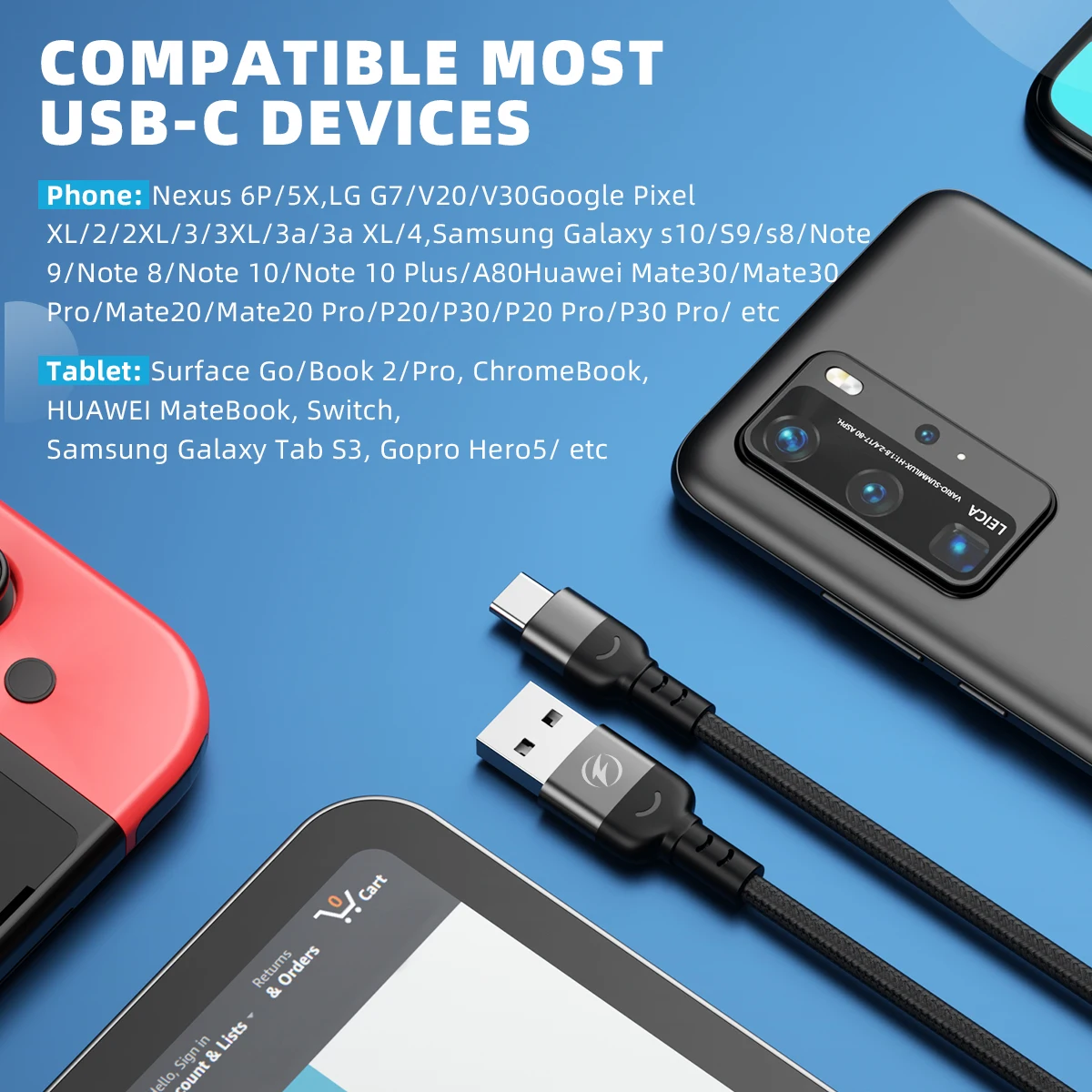 FONKEN AC23 Кабель Usb C для быстрой зарядки телефона шнур 3 А 1 м 2 зарядное устройство type