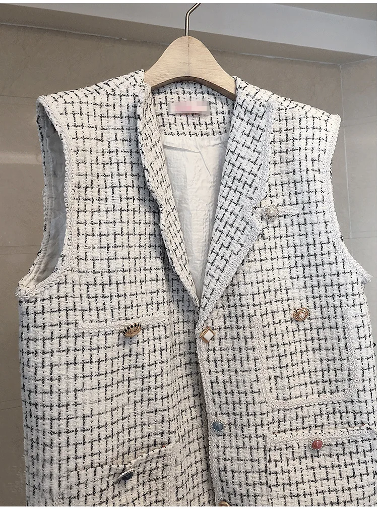 

Spring Autumn Winter Tweed Vest Women Runway Designers Luxury High Quality Vintage Wool Double Breasted Sleeveless Coat Outwear