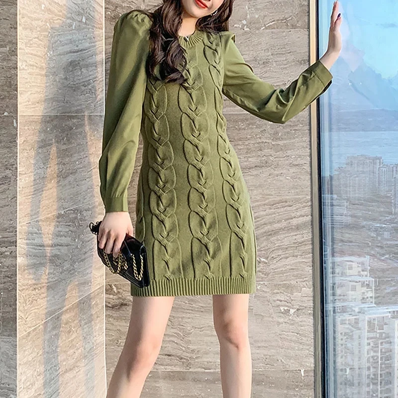 

2021 Spring Puff Sleeve Mini Knitted Sweater Dress O-Neck Bodycon Short Retro Elegant Vestidos Mujer Sukienki
