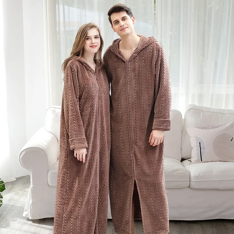 

Autumn And Winter Zipper Bathrobe Hooded Plus Night Gown Couple Thickening Pajamas Flannel Nightdress