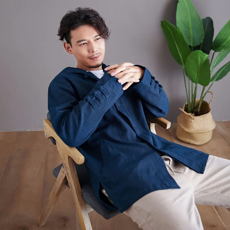 Мужское длинное кимоно с вышивкой дракона черное хлопковое Свободное пальто