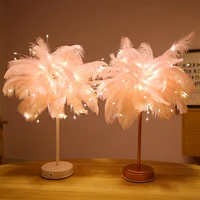 creative feather table lamp with remote control usbaa battery power desk lamp tree feather lampshade night light for birthday