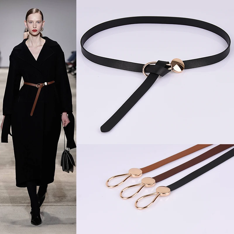 New Thin Leather Women Belt Casual Ladies Golden Buckle Knot Belts Black Pu Strap Dress Pants Female Designer Waist