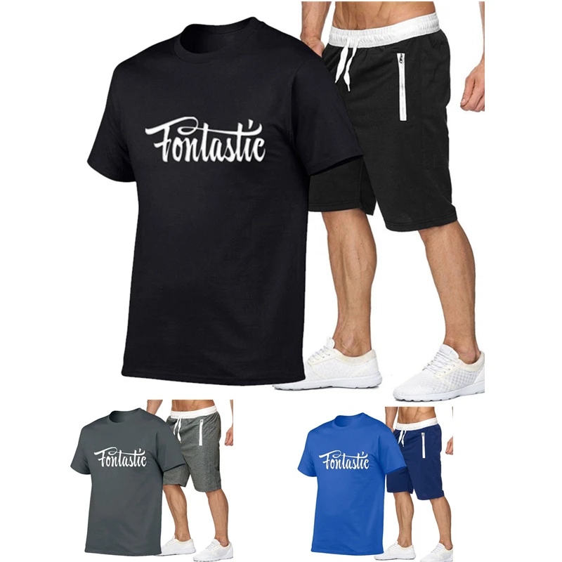 

Men Summer T-shirt Set Stylish Letter Printing Short Sleeve Tee+ Short Pants 2pcs/Set Men Casual Short Sleeve Sportwear