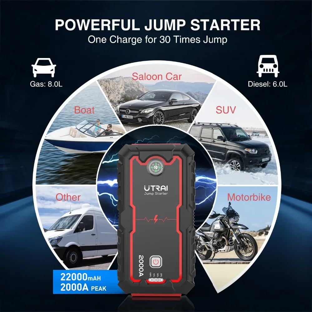 utrai car starting device 2000a booster power bank battery 12v auto jump starter battery starter charger emergency free global shipping