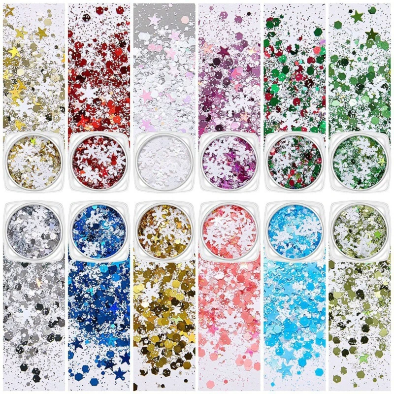 

Christmas Nail Art Sequins 12 Boxes Snowflake Star Nail Glitter Sequins for Nails Mixed Shape Xmas Nail Decoration