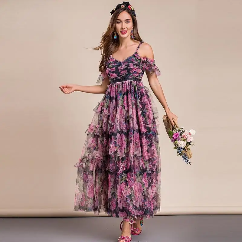 

Женское модельное платье для отпуска, привлекательное Сетчатое длинное платье на бретелях-спагетти с высокой талией, оборками и цветочным ...