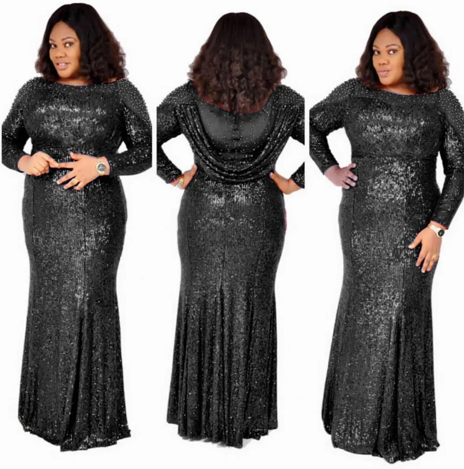 women Highly flexible sparkling sequins evening party mermaid maxi dress full sleeve drills design african dashiki dubai gown