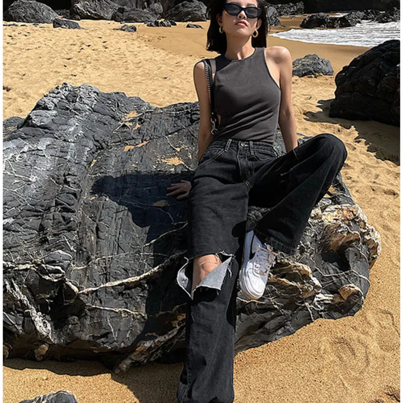 

IEQJ High Waist Fashion Wide Leg Straight Leg Women Loose Loose Summer 2021 New Retro Black Ripped Jeans Female Trend 3F0792
