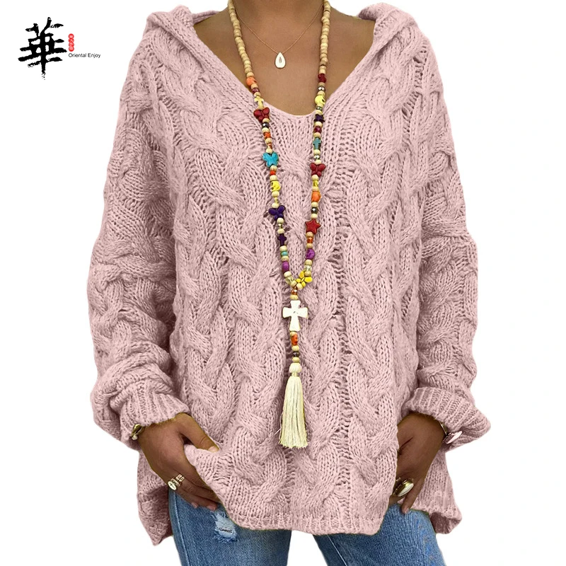 Вязаный свитер с V-образным вырезом женский длинным рукавом Осенний капюшоном