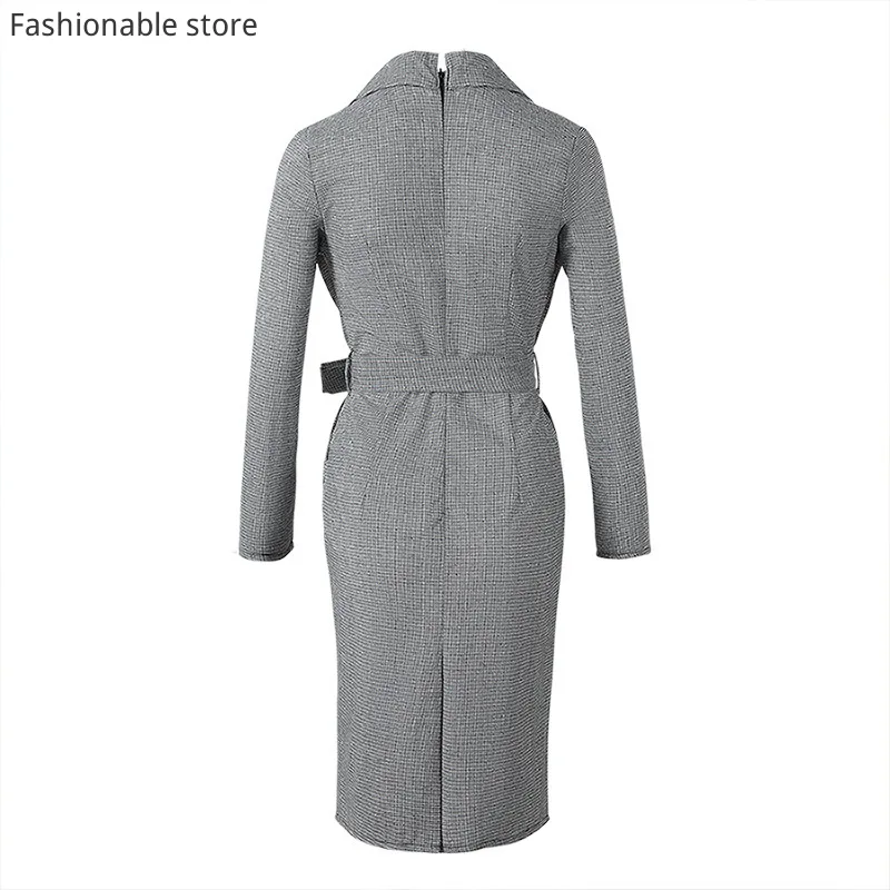 

Office Lady Long Sleeve Notched Tie Waist Midi Dress Women Elegant Plaid Skinny Dress with Belt