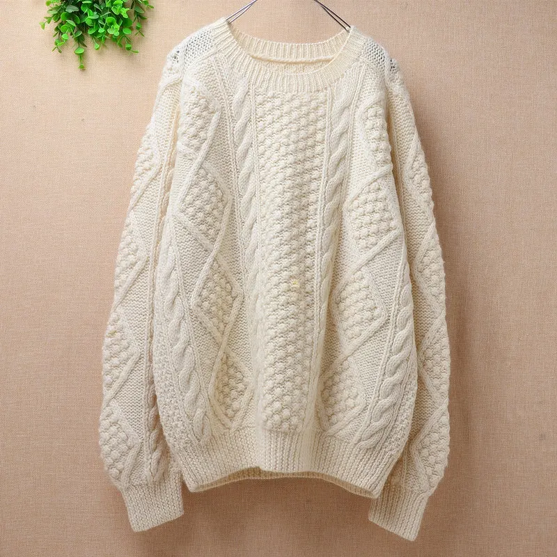 ladies women beige fashion 100% wool knitted o-neck twist braid loose plus size pullover hand crochet jumper sweater top | Женская