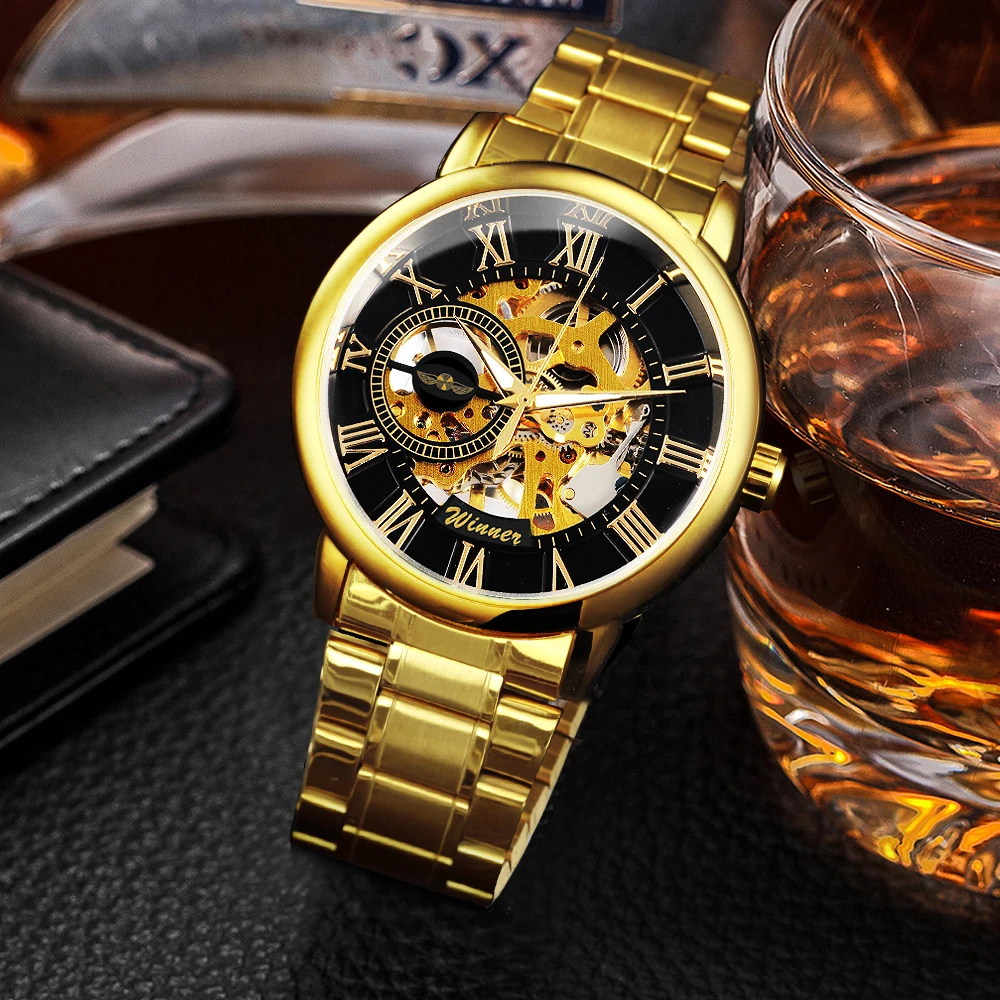 Часы наручные WINNER Мужские механические брендовые Роскошные модные золотистые с