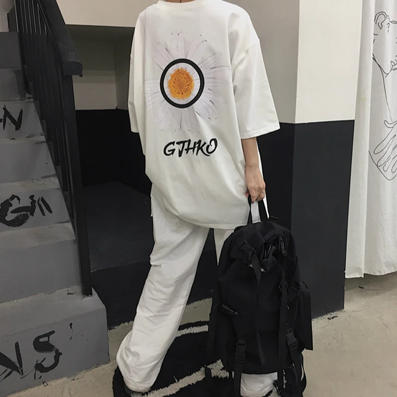 Новая повседневная футболка из 100% хлопка с круглым вырезом и цветочным принтом