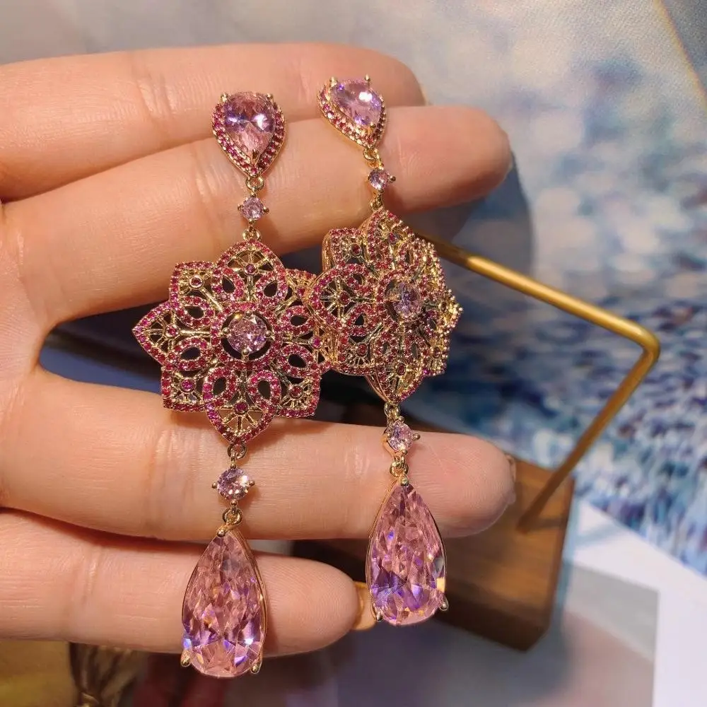 

Flower Charms Waterdrop Earrings for Women Wedding Cubic Zircon Dubai Bridal Drop Earring Wedding Party Accessories E6560