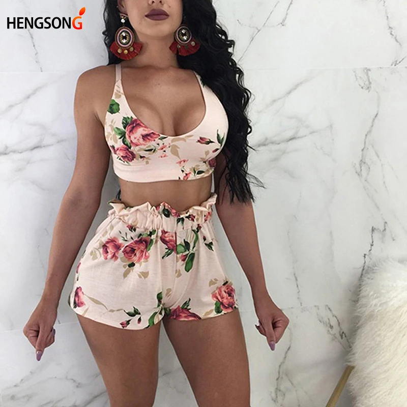 

Ladies Two Piece Casual Wear Floral Print V Neck Crop Top Elastic Waist Short Suit Straight Shorts Sexy Woman 2 Piece Suit