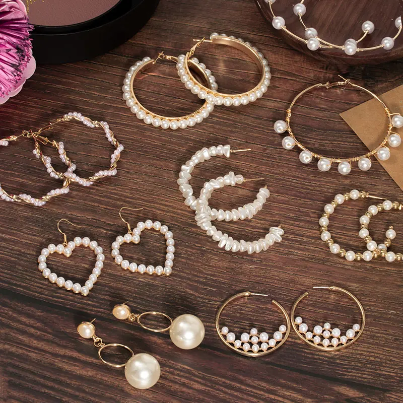 

Vintage Big Pearl Hoop Earrings Set For Women Gold Geometric Heart Circle Hoop Earrings Brinco 2021 Statement Fashion Jewelry