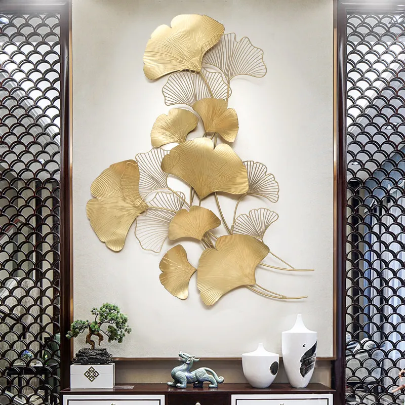 Golden Modern Luxury Wrought Iron Wall Hanging Ginkgo Leaf Crafts Decoration Home Background Sticker Porch Metal | Дом и сад