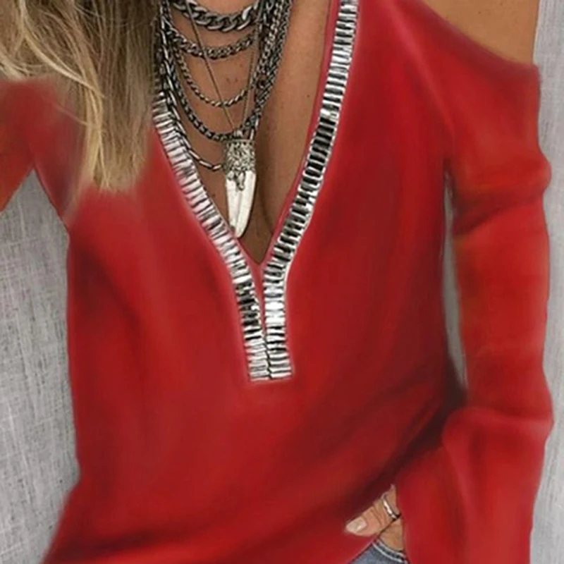 Женская Однотонная футболка с V-образным вырезом и длинными рукавами | одежда