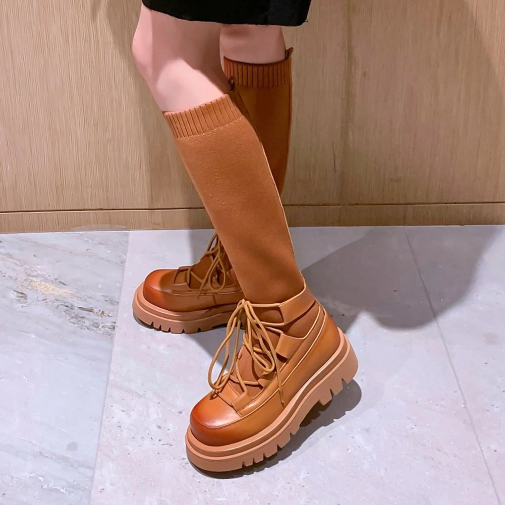

KARINLUNA Big Size 34-43 Ladies Stretch Slim Boots Genuine Leather Platform Chunky High Heels Women Boots Knee High Women Shoes
