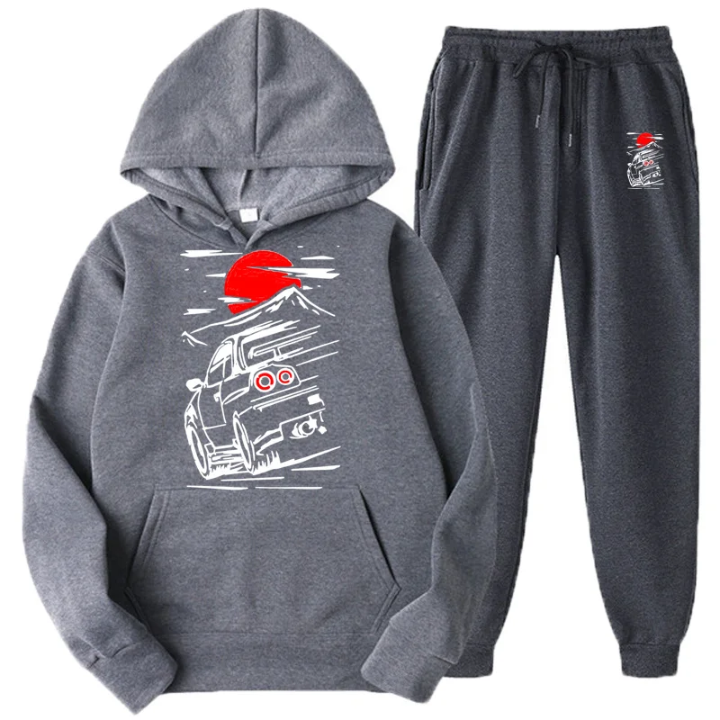 Solid Color Men Set Casual Men's Autumn Winter Fleece Japanese JDM Hoodies + Pants Two-Piece Tracksuit Trendy Sportswear | Мужская
